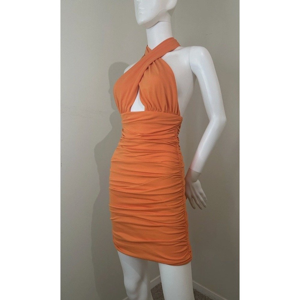 ZARA Mini Dress Womens XXL Orange Excellent Ruched Halter Neck Backless Deep V
